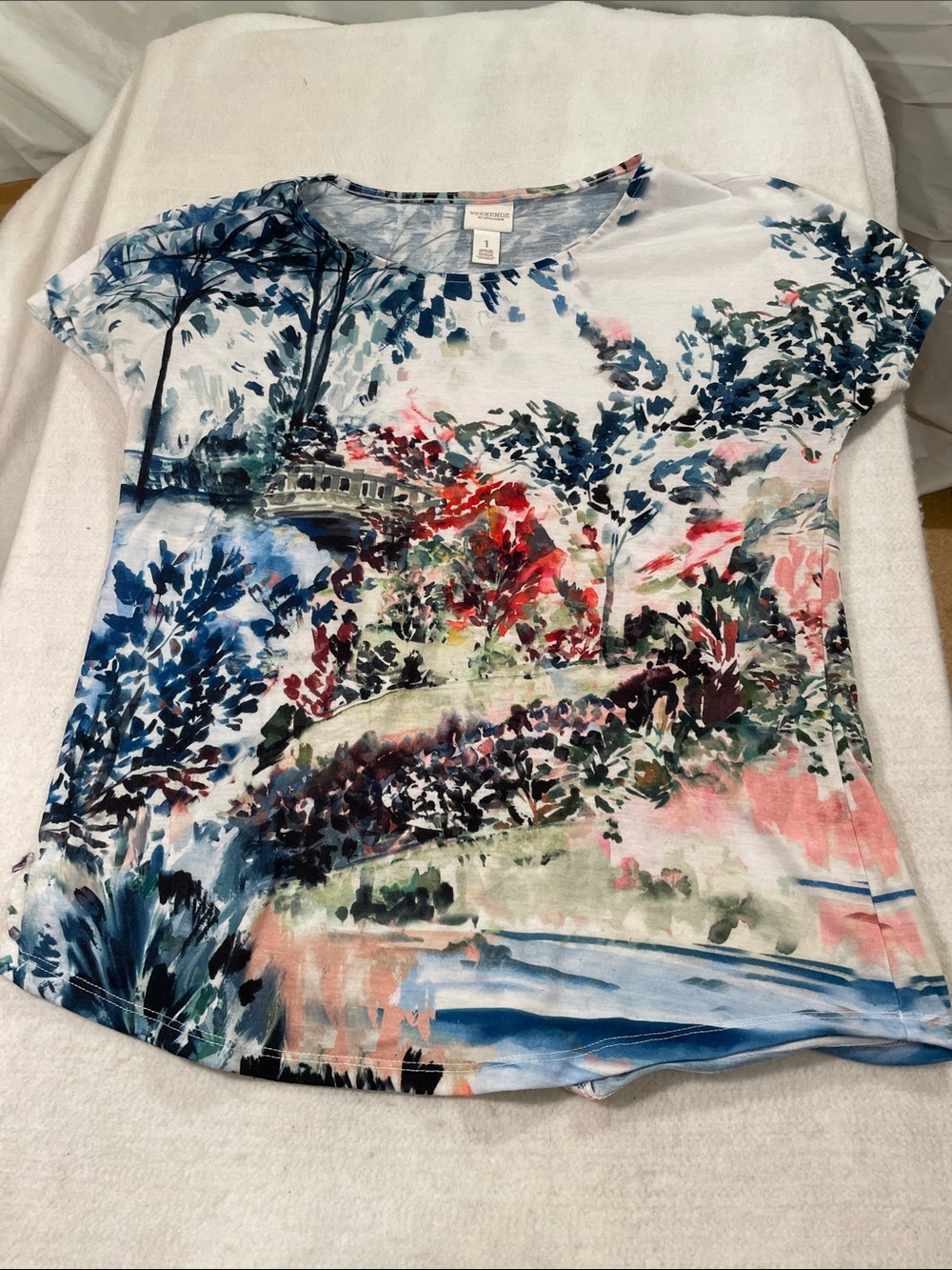 Chico's Scenic Watercolor Cap Sleeve Tee — Blue, Pink, Green